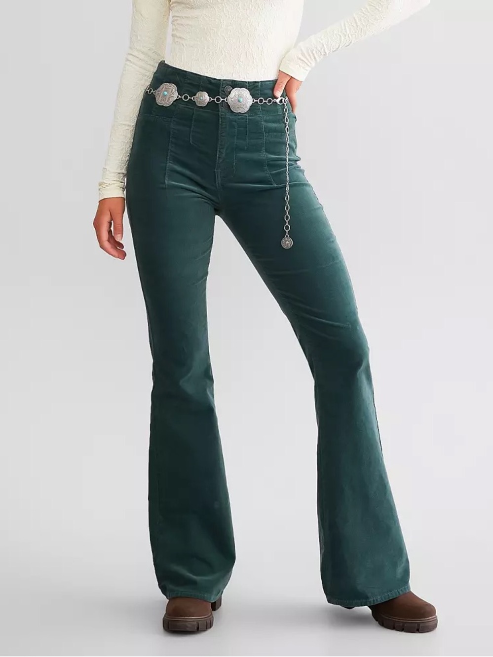 We The Free People Teal Corduroy High-Rise Pants Pleats Western Flare Boho Sz 3